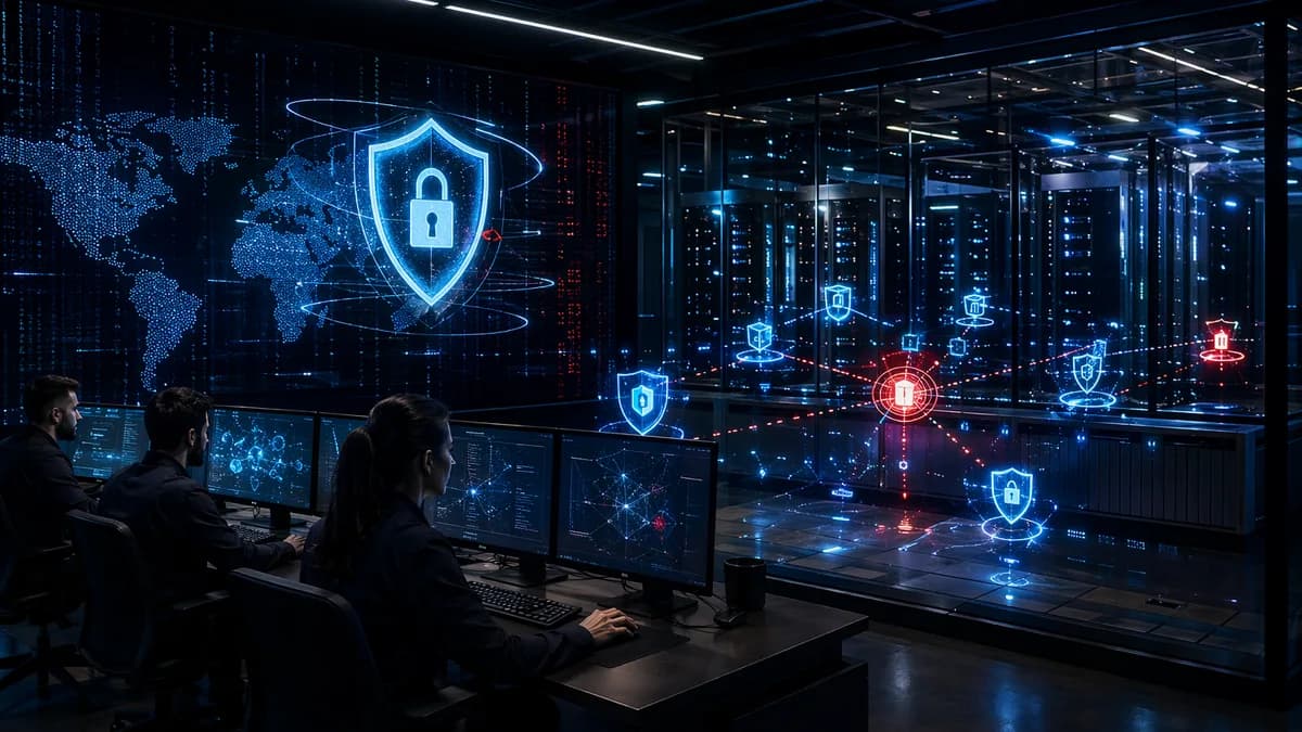 Dark cybersecurity lab with servers, shield icons, and simulated attack paths for penetration testing.