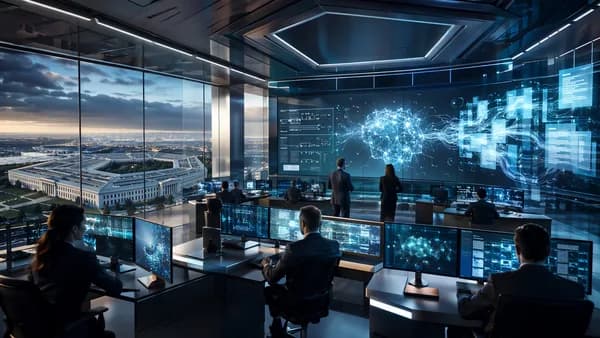 AI-driven military command workspace with abstract reports and oversight tension