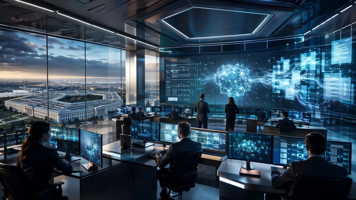 AI-driven military command workspace with abstract reports and oversight tension