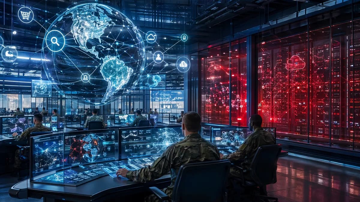 Pentagon-style tech command center with holographic networks and restricted Chinese cloud data streams.