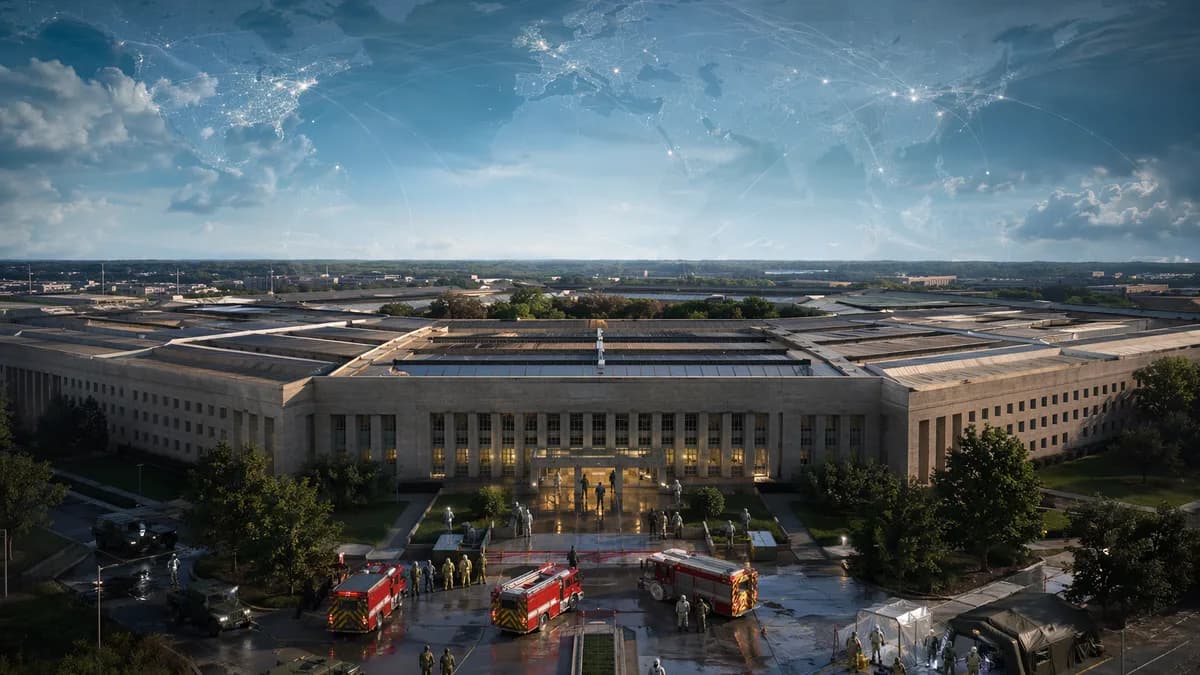 Hazmat responders outside a Pentagon-like building after an air quality alarm, with global map overlay.