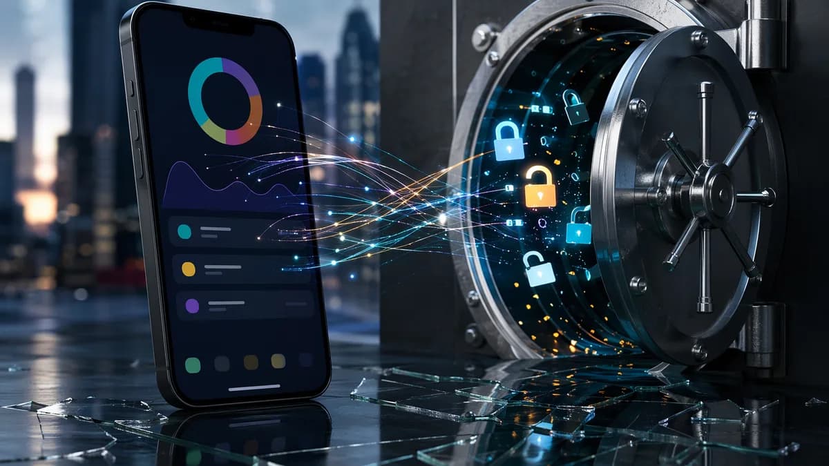 Smartphone budgeting app linked to a bank vault, symbolizing privacy risks to bank data.