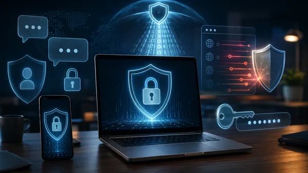 Privacy toolkit securing devices by blocking trackers with shields, locks, and clean holographic layers.