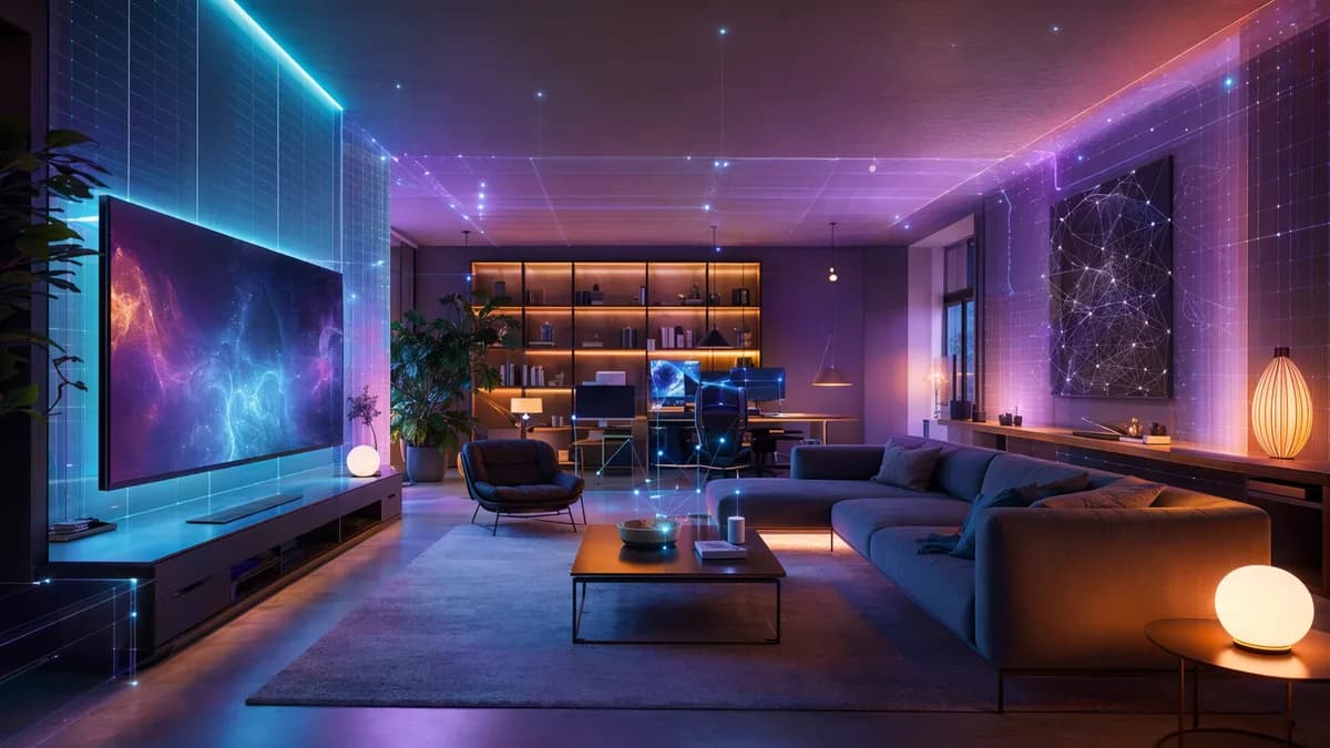 Smart living room with AI-mapped color lighting creating intentional ambient scenes