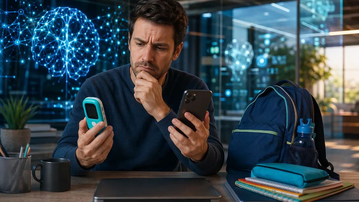 Parent weighing a basic kids device against a costly smartphone in a futuristic tech workspace