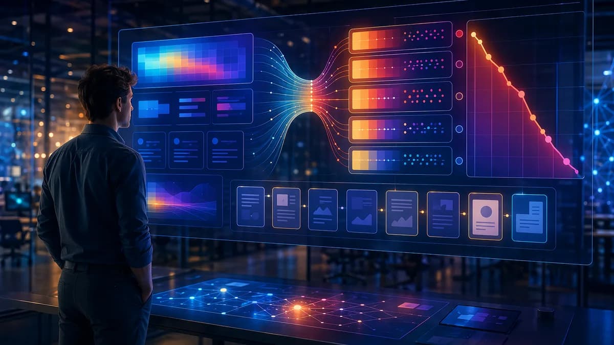 Founder analyzes abstract investor engagement and pitch deck drop-off data in a futuristic workspace.