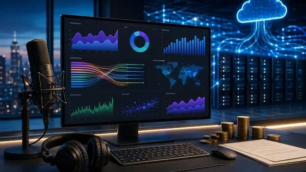 Podcast analytics SaaS dashboard with cloud infrastructure and sponsor revenue visuals