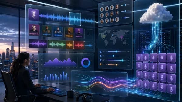 Modern podcast hosting dashboard showing dynamic ads, analytics, and cloud infrastructure.