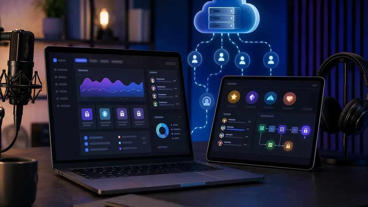Modern SaaS podcast hosting dashboard with private feeds, membership nodes, and cloud infrastructure.