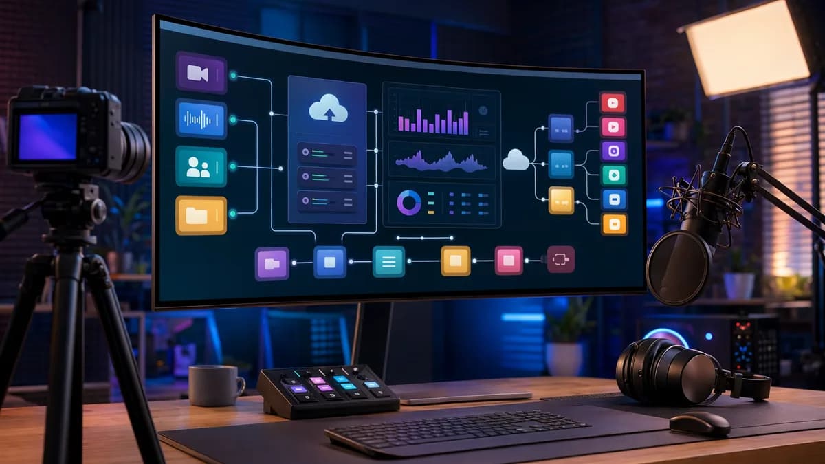 Creator desk with video podcast hosting dashboard, cloud workflows, analytics, and monetization visuals.