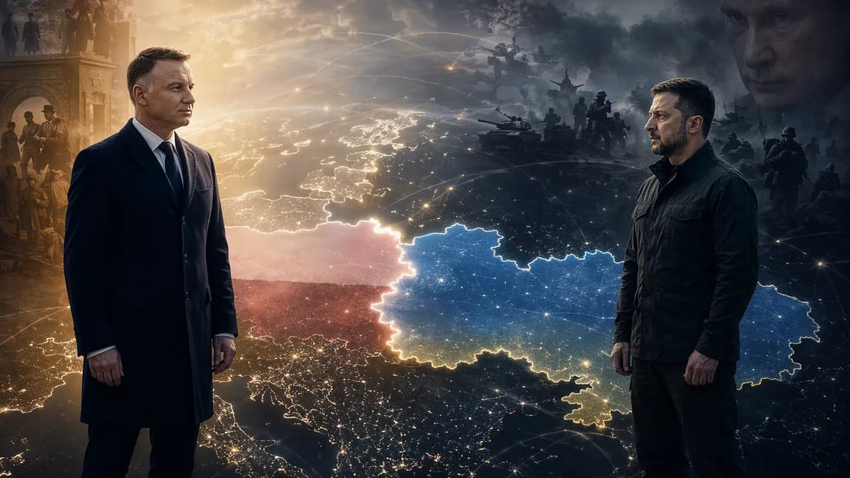 Tense Ukraine-Poland divide on a glowing world map as eastern pressure looms.