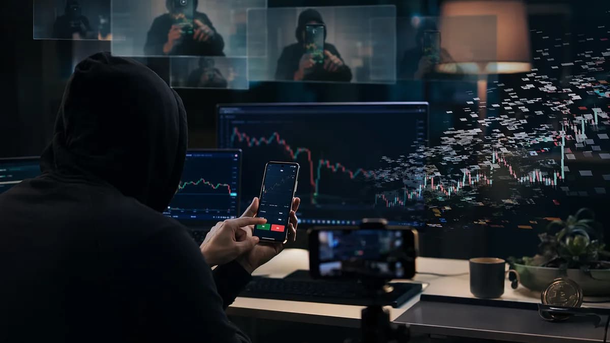Influencer filming a generic betting app as abstract market signals glitch, suggesting trust concerns.
