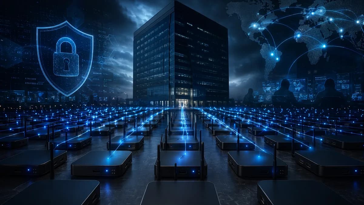 Generic TV boxes linked as proxy nodes with shields and locks in a dark cybersecurity scene