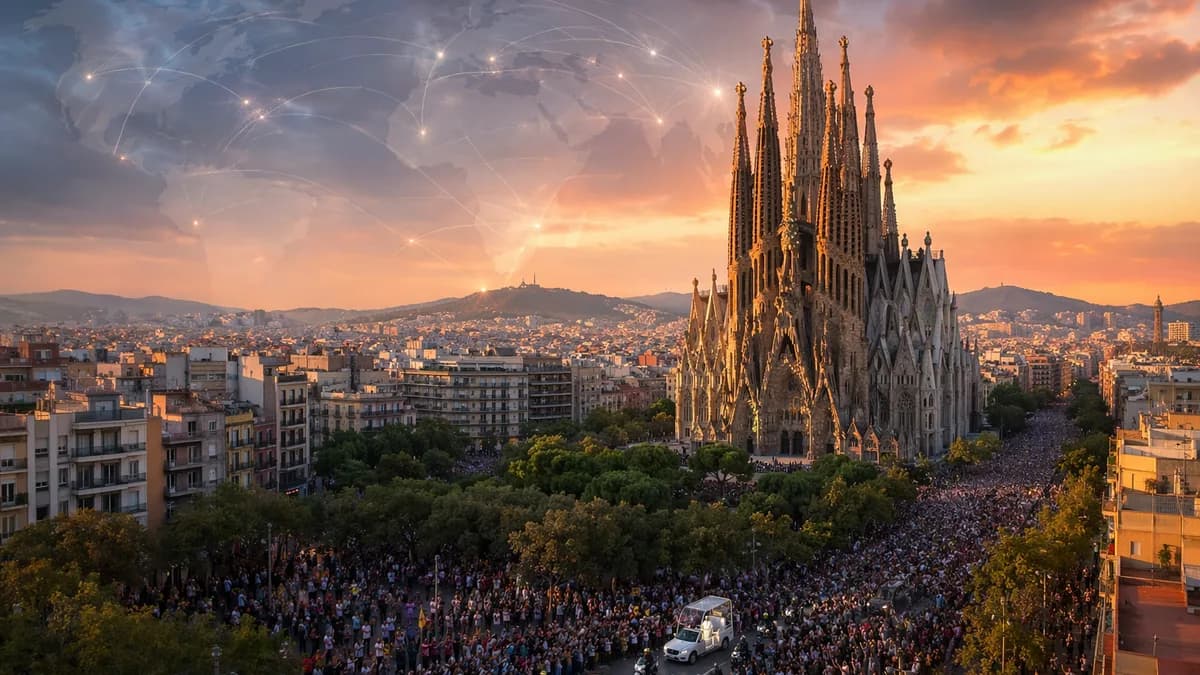 Crowds fill Barcelona near Sagrada Família during a papal visit, with global connection lines overhead.