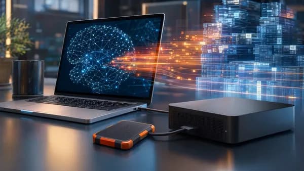 Portable SSD and external HDD on a futuristic desk illustrating speed versus high-capacity storage.