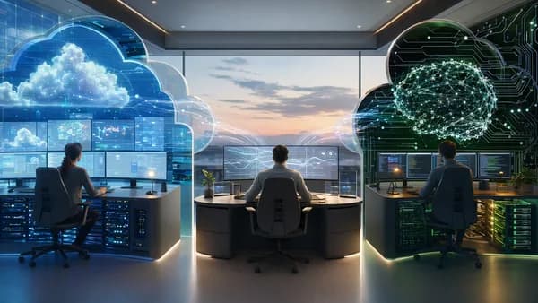 Three futuristic API workstations split by cloud barriers, symbolizing platform depth and Git-native control.