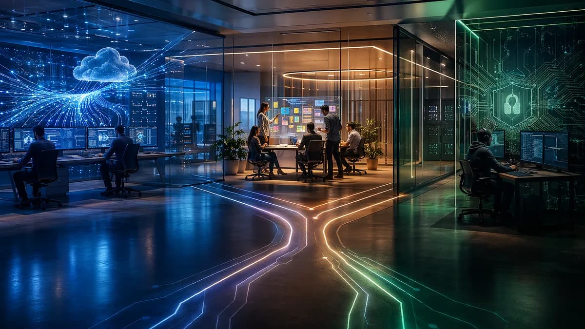 Futuristic API workspace showing cloud, UX, and privacy-focused local development zones.