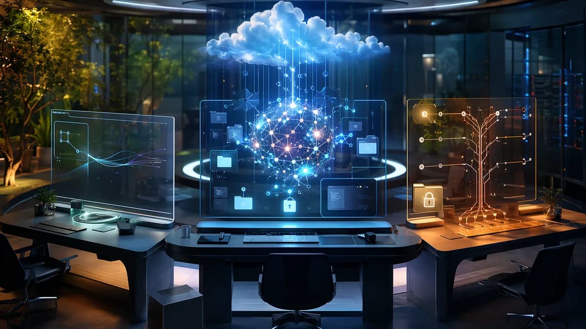 Futuristic workspace showing API workflow panels, cloud hub, and branching Git-like circuits.