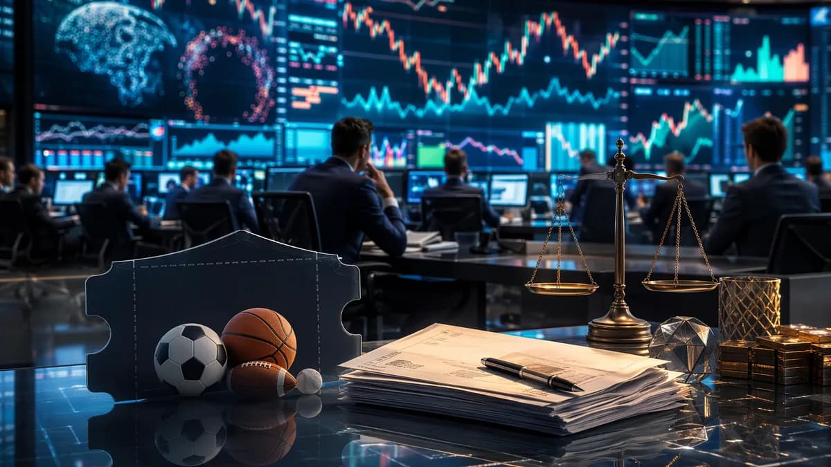 Trading floor scene with sports betting symbols, market charts, and regulatory scales