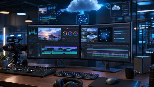 Modern video editing workstation with abstract timelines, color tools, audio controls, and cloud workflow visuals.