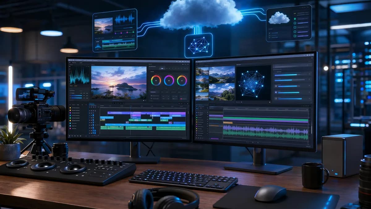 Modern video editing workstation with abstract timelines, color tools, audio controls, and cloud workflow visuals.