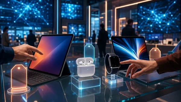 Premium earbuds, tablet, smartwatch and laptop displayed in a futuristic tech deal showcase