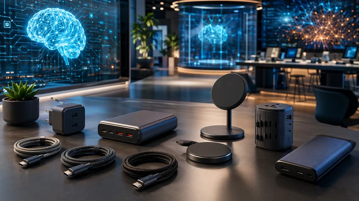 Futuristic desk with organized chargers, cables, wireless pads, and power banks in cinematic tech lighting
