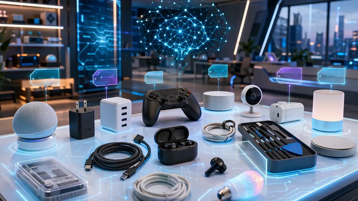 Affordable tech gadgets arranged on a futuristic workstation with screens and circuits.