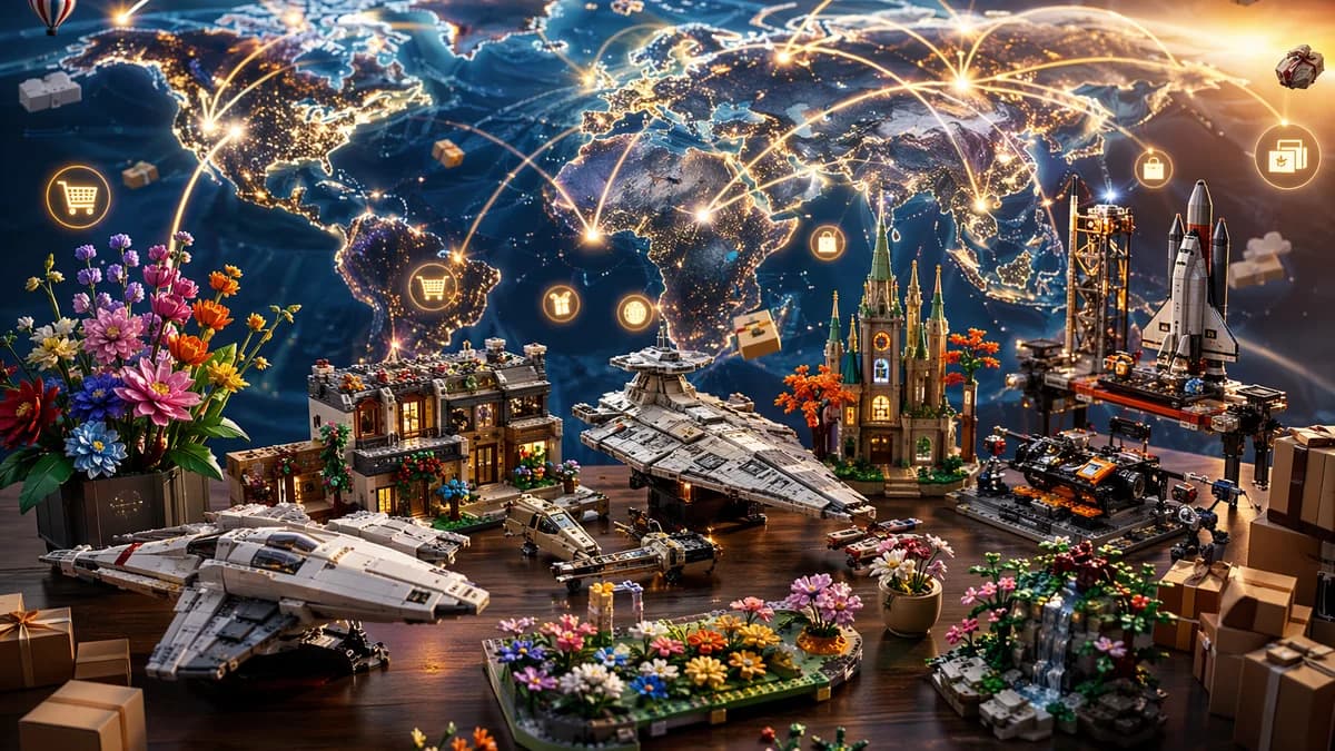 Global online sale scene with toy brick sets, plants, spacecraft, and connected world map backdrop