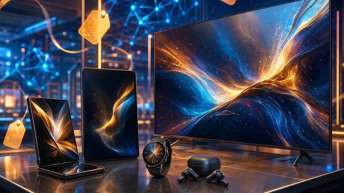 Premium phones, tablets, wearables, and TV displayed in a futuristic tech showroom for early shopping deals.