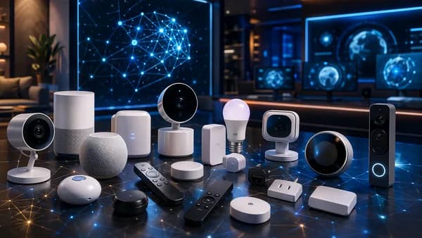 Smart home devices displayed in a futuristic tech workspace with glowing circuits and screens.