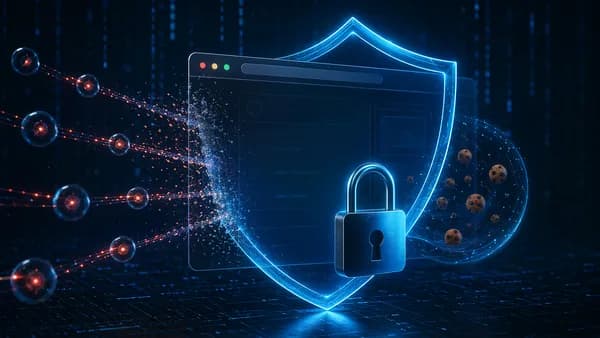 Privacy browser shield blocking trackers and data trails in a dark cybersecurity scene