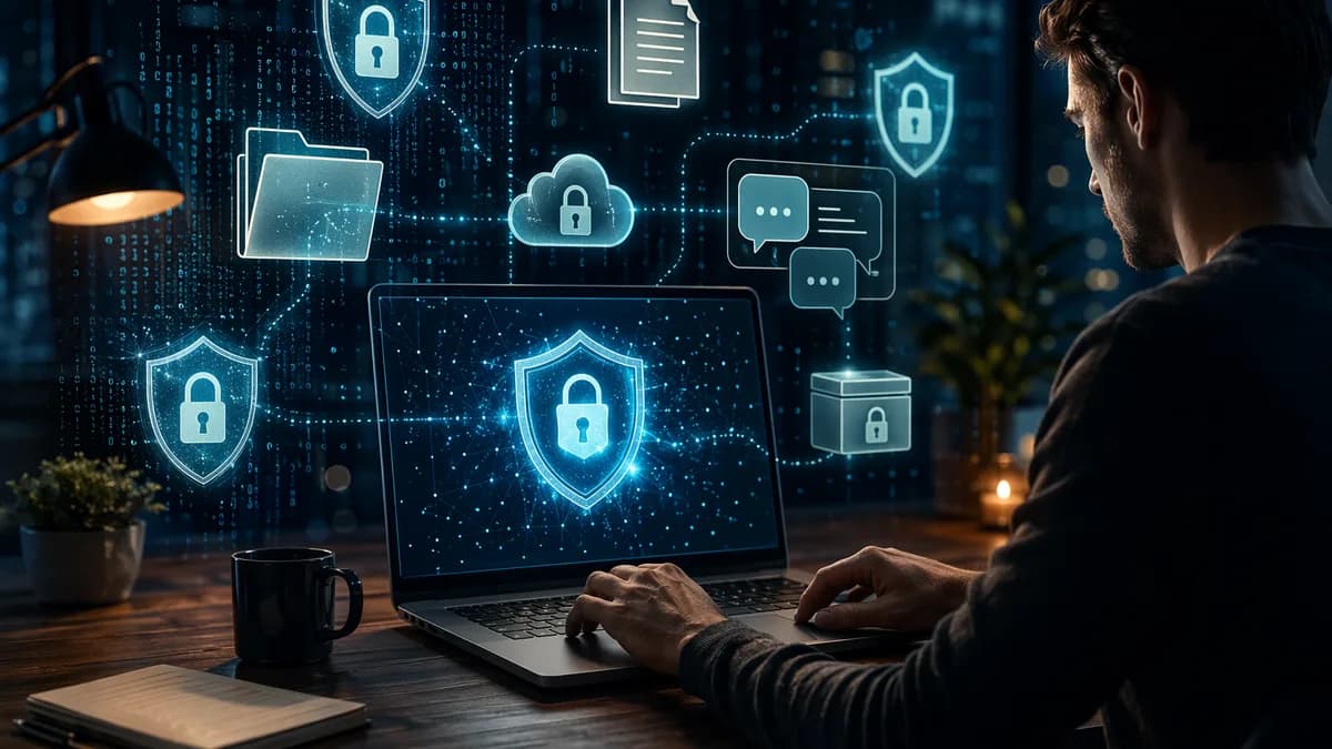 Freelancer laptop workspace protected by glowing shields, locks, and encrypted data streams.
