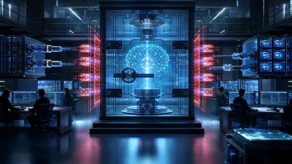 Secure AI coding assistant in a futuristic workspace protected by vaults, firewalls, and encrypted data flows.