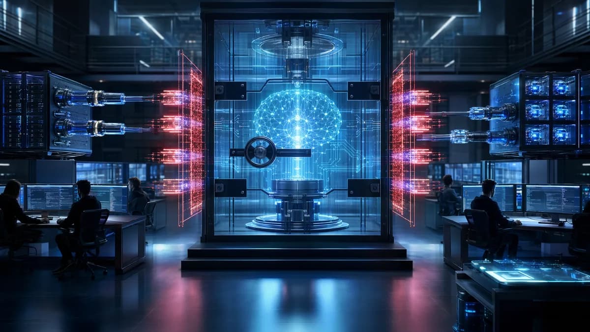 Secure AI coding assistant in a futuristic workspace protected by vaults, firewalls, and encrypted data flows.