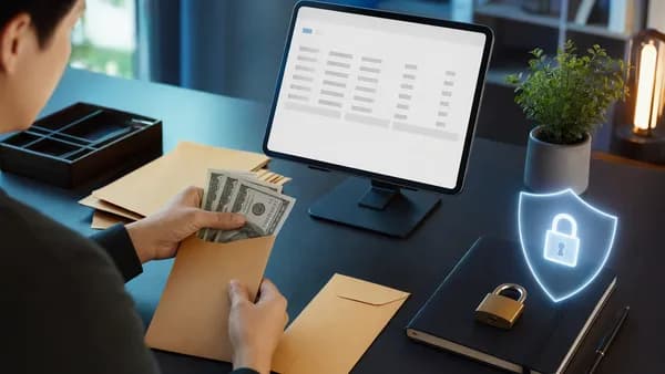 Private budgeting workspace with cash envelopes, blank tablet grid, notebook, and glowing privacy shield.