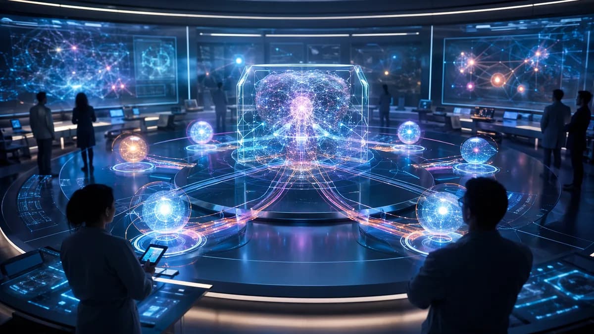 Futuristic AI lab showing a neural core with validation nodes and traceable data flows.