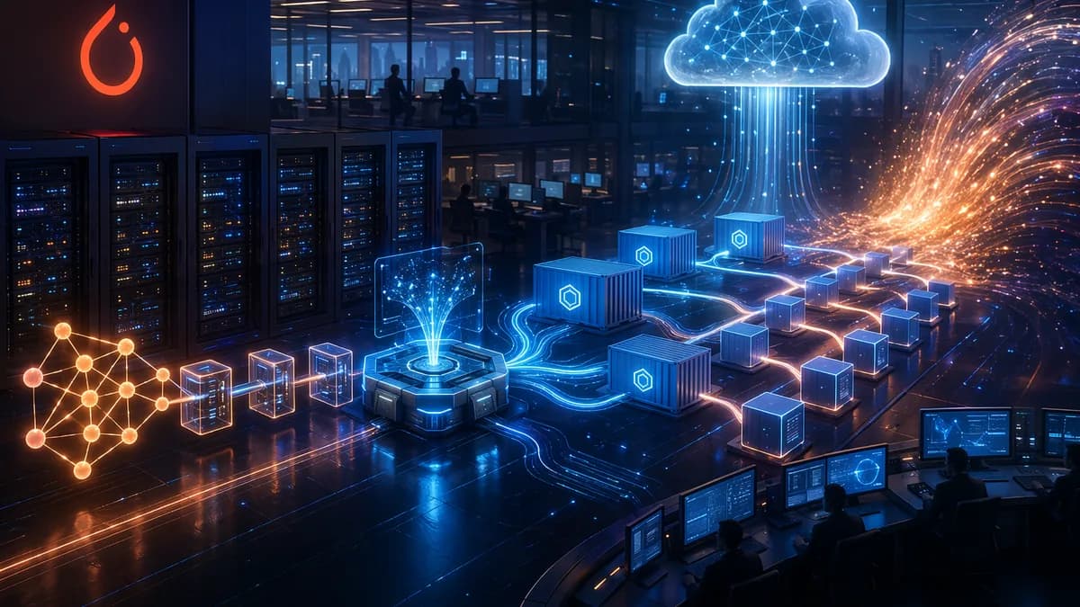 Scalable AI inference hub with GPU servers, neural networks, and autoscaling data flows in a futuristic workspace
