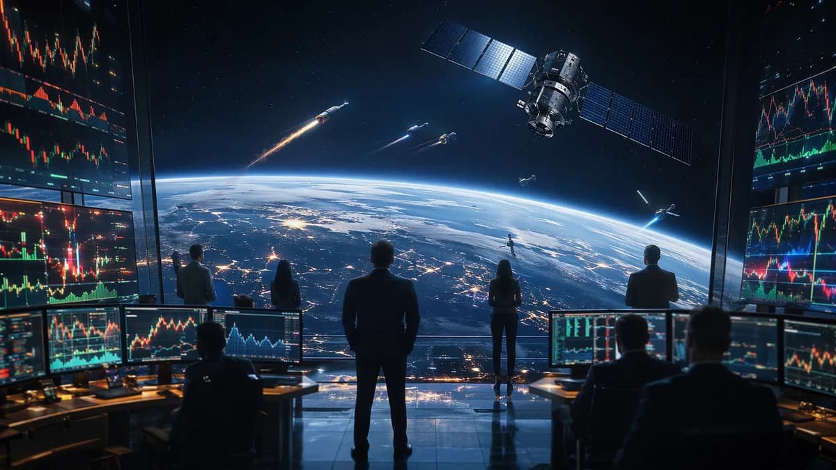 Trading floor with market charts and an unbranded satellite symbolizing a military space SPAC