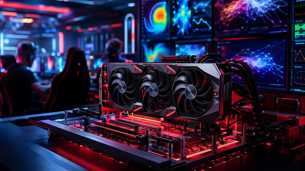 High-end gaming GPU in a futuristic lab with abstract performance screens and red-accented lighting.