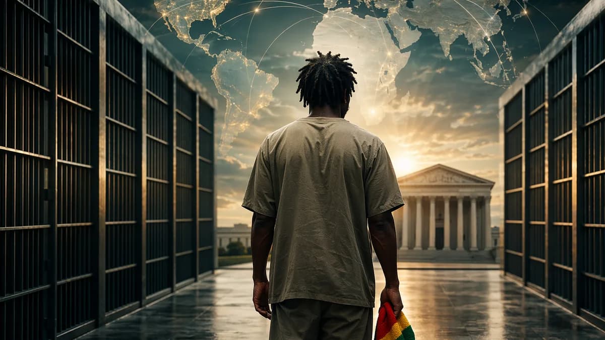 Symbolic prison and courthouse scene showing a Rastafarian man after a forced haircut.