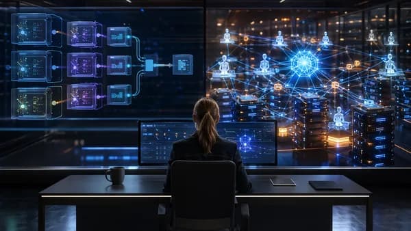 Futuristic AI workspace comparing modular packaging with distributed cluster scaling