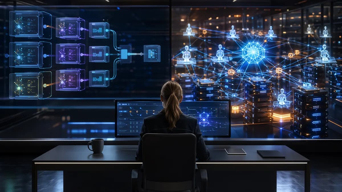 Futuristic AI workspace comparing modular packaging with distributed cluster scaling