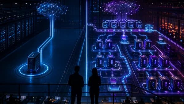 Futuristic server lab comparing simple ML API endpoint with scalable distributed AI pipeline