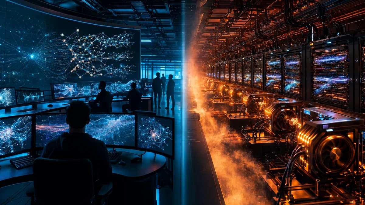 AI inference operations room with GPU racks, orchestration nodes, and cooling visuals for production tradeoffs.