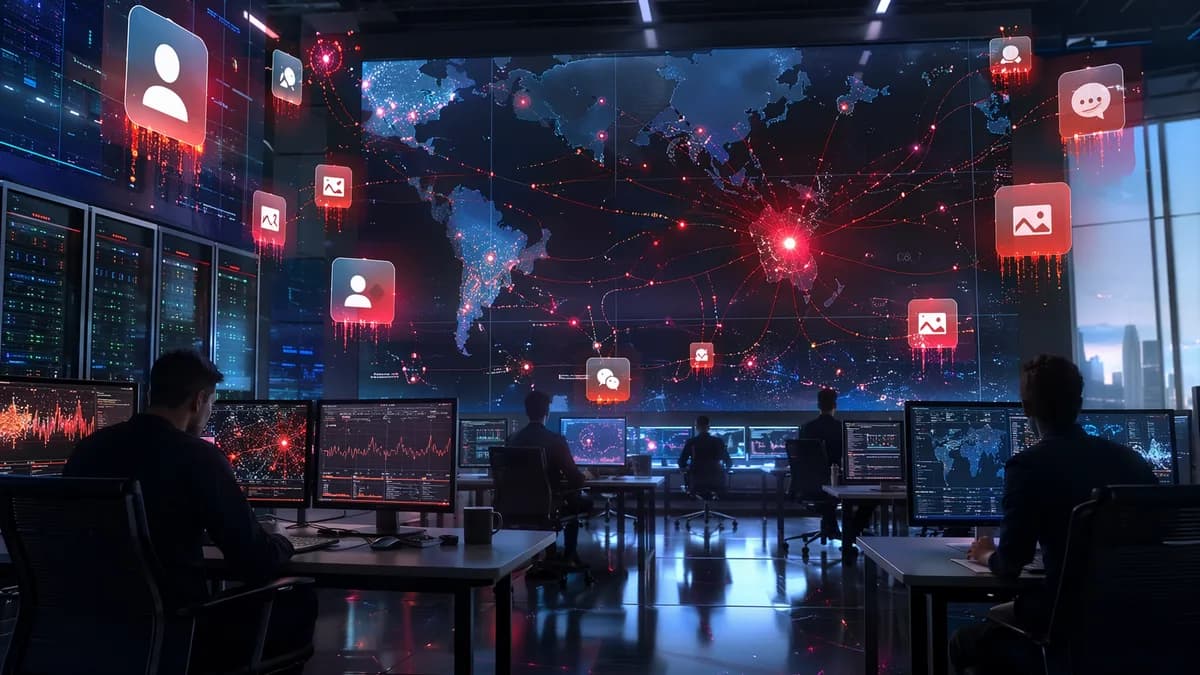 Network operations center visualizing a major social media outage with disconnected nodes and warning signals.
