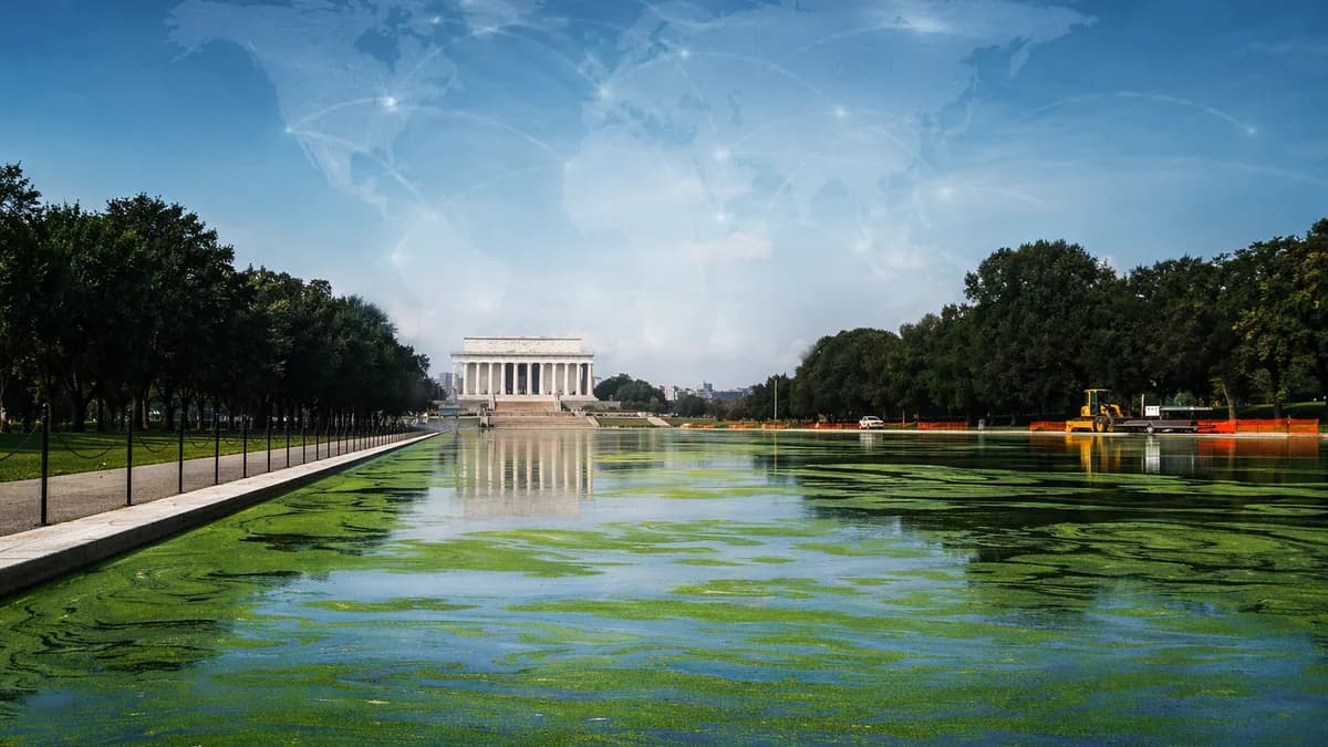 Algae-covered reflecting pool near the Lincoln Memorial with global map overlay.