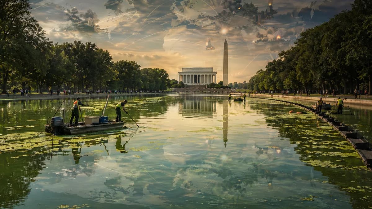 Green algae-filled Lincoln Memorial Reflecting Pool with global map reflections and cleanup crews