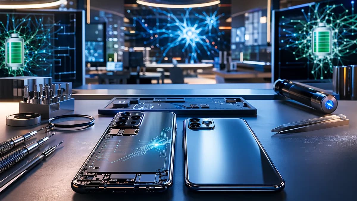 Refurbished and new smartphones compared in a futuristic tech workspace with glowing circuits.
