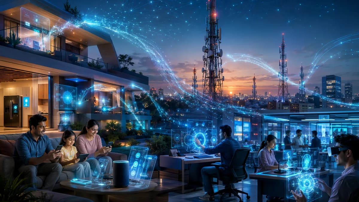 Futuristic smart home and telecom hub connected by glowing AI networks across phones, apps, and devices.